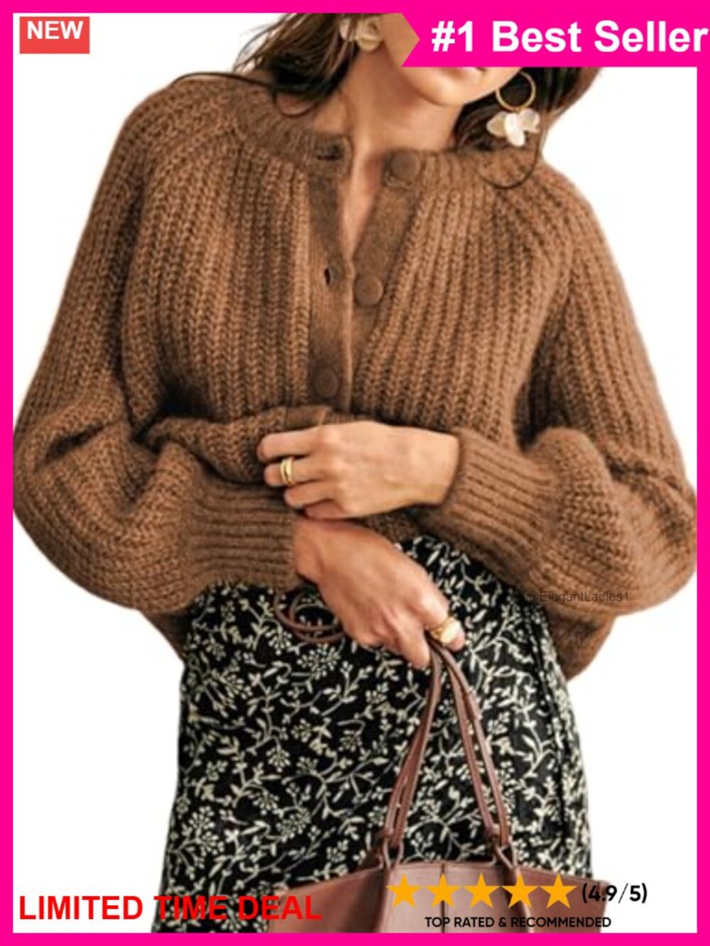 Women's Knit Button Down Cardigan Sweater Long Sleeve Crewneck Loose Fit